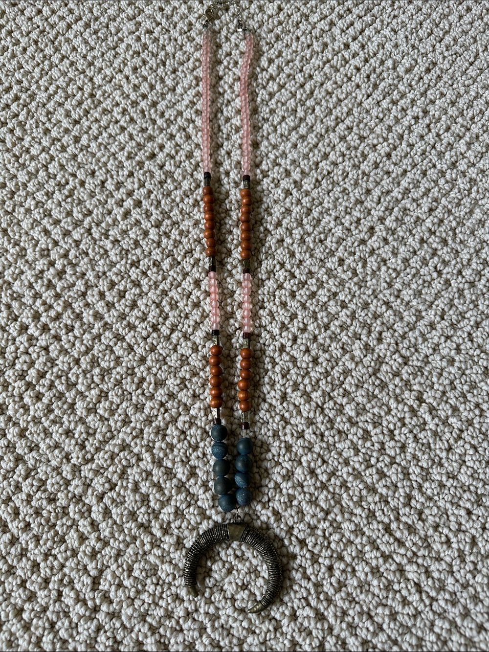 Boho Pink, Brown & Black Crescent Beaded Necklace